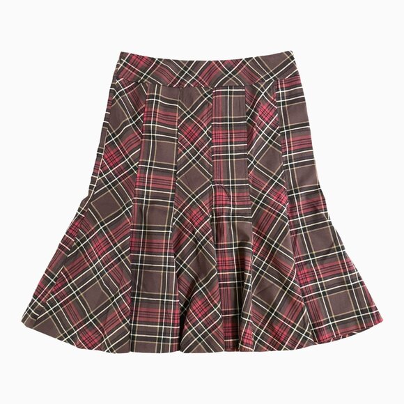 KENAR Brown & Red Plaid Flared Flounce Hem Long Skirt Stretch‎ Academia Corpcore - Picture 1 of 14